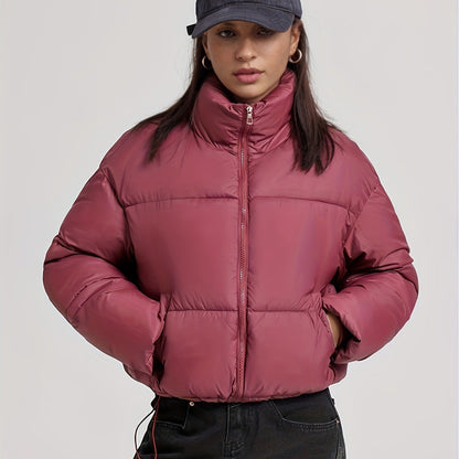 Stand-collar puffer cotton-padded coat for petite figures in a quilted design with a high collar