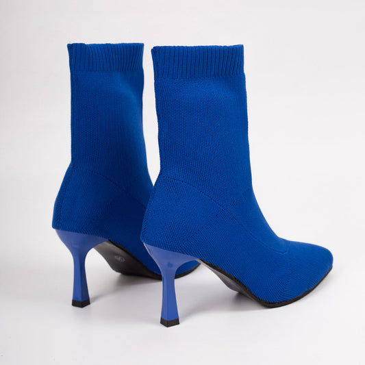 2026 Klein blue stretch knit sock ankle boots for women with pointed toe and thin stiletto heel