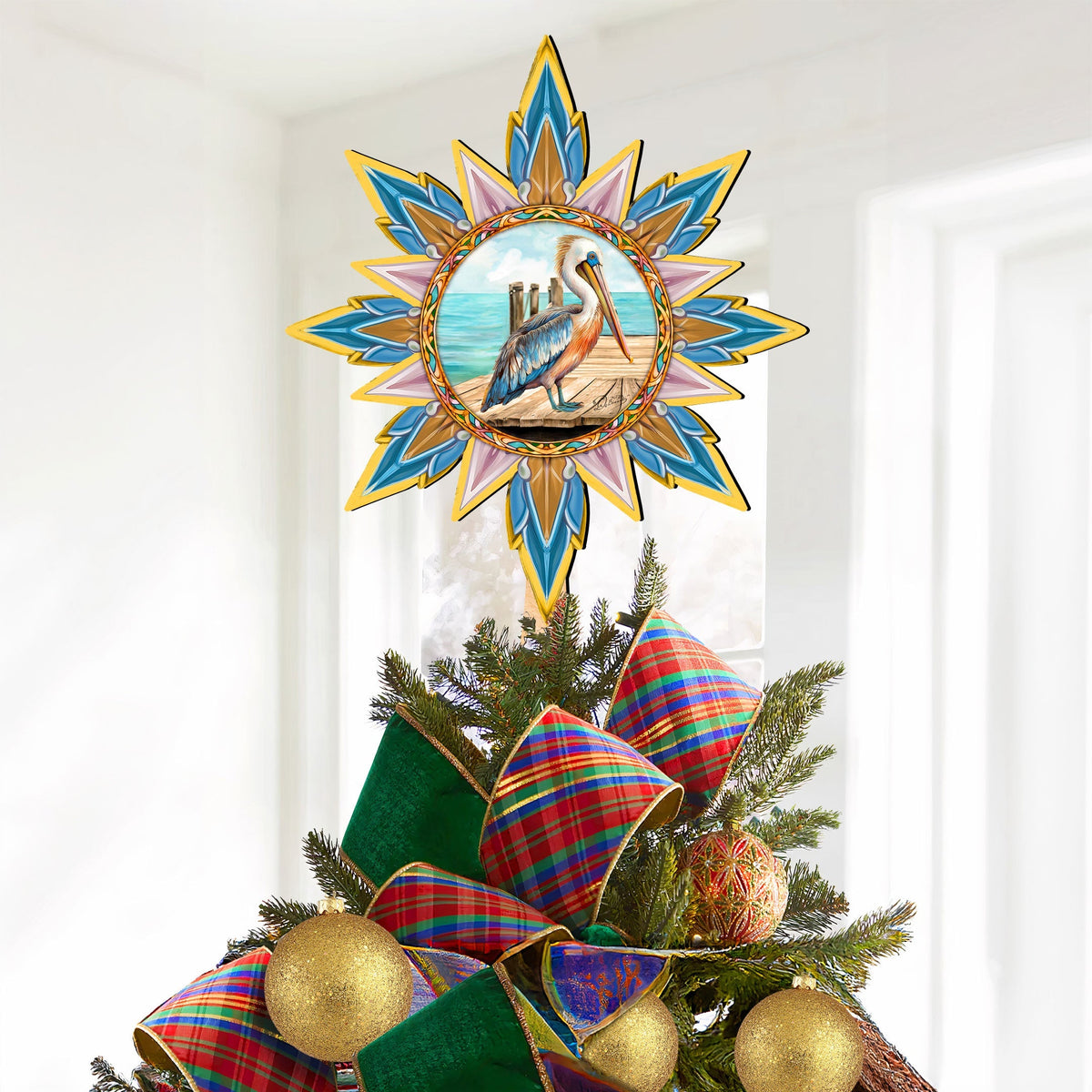Wooden Coastal Pelican Star Tree Topper by G. DeBrekht, wildlife-themed holiday decor with a detailed pelican design.