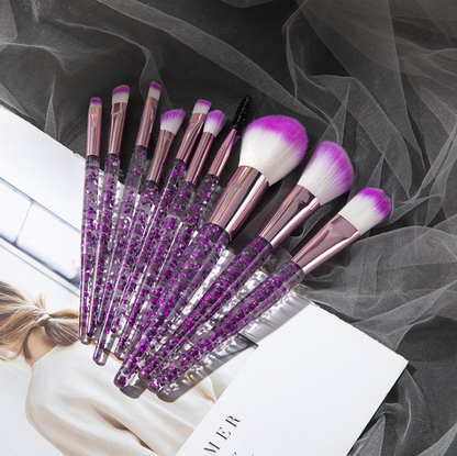 10-piece essential makeup brush kit from BACKUPMYFILESNOW® with various brushes for foundation, eyeshadow, and blush application.