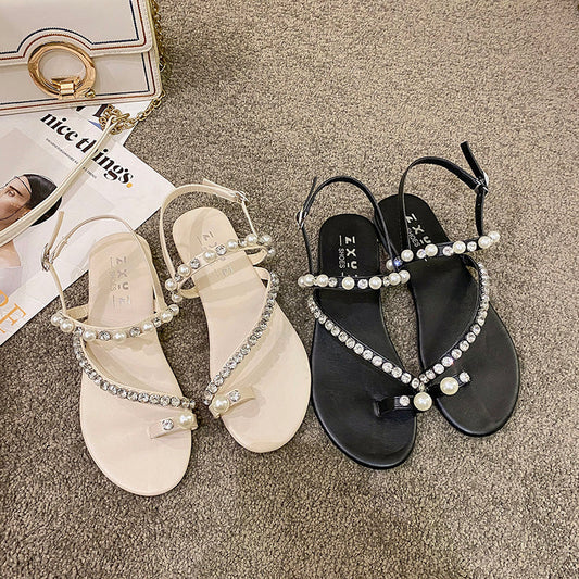Women’s rhinestone pearl toe loop Roman flat sandals in gentle fairy style, plus size.