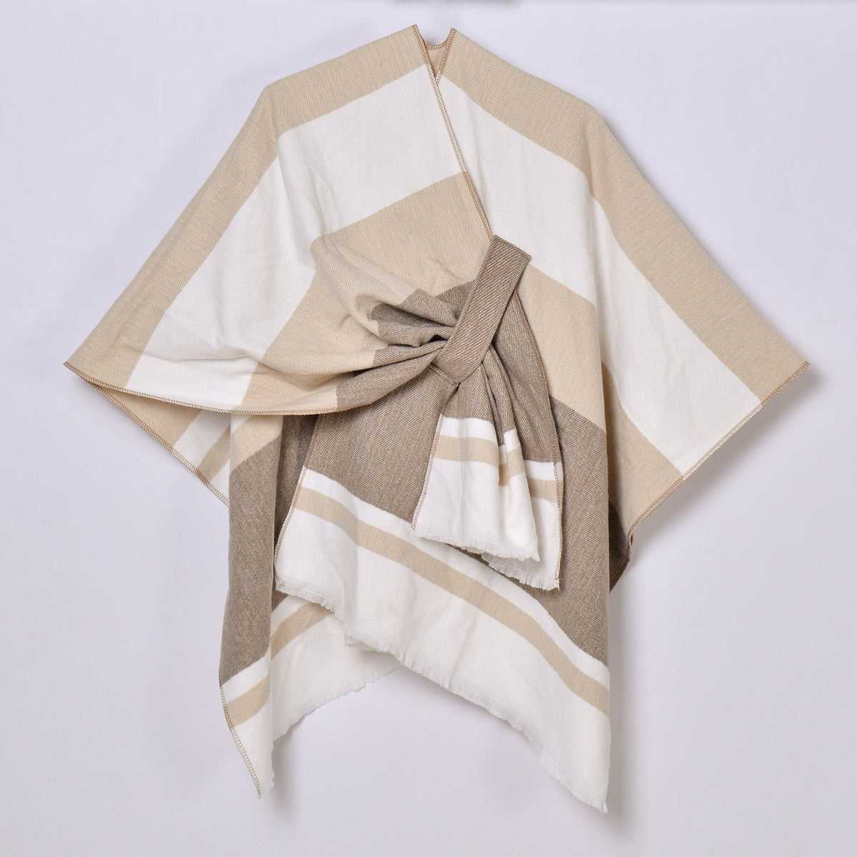 Women's striped tassel cross-strap warm cape shawl by My Store