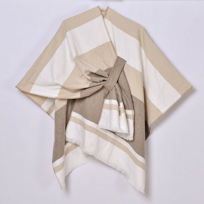 Women's striped tassel cross-strap warm cape shawl by My Store