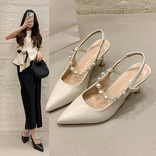 Women’s French style pearl closed-toe sandals with pointed toe, stiletto heel, and backless design