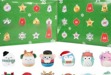 Children's Christmas advent calendar with colorful toy surprises in numbered compartments