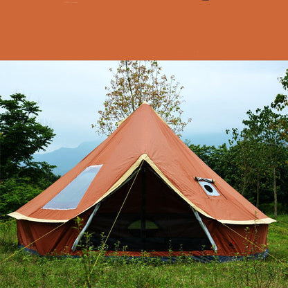 Outdoor camping pyramid yurt tent with chimney opening and sunscreen fabric setup