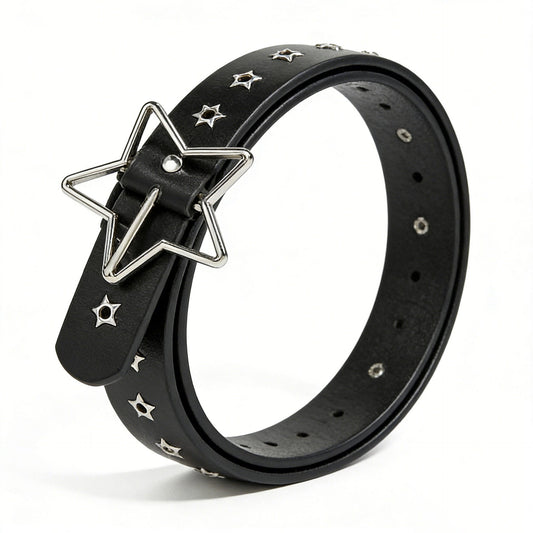 Women's pentagram rivet PU belt, fashionable versatile accessory in black faux leather