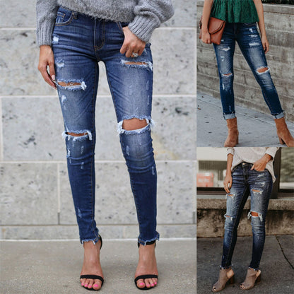 BackUpMyFilesNow® ladies' chic denim trousers featuring a stylish fit and classic blue denim fabric.