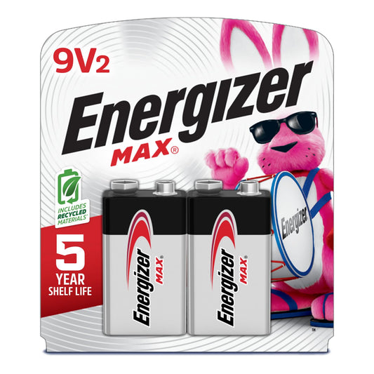 Energizer MAX 9V alkaline batteries in a 2-pack, reliable long-lasting power for household devices and smoke alarms.