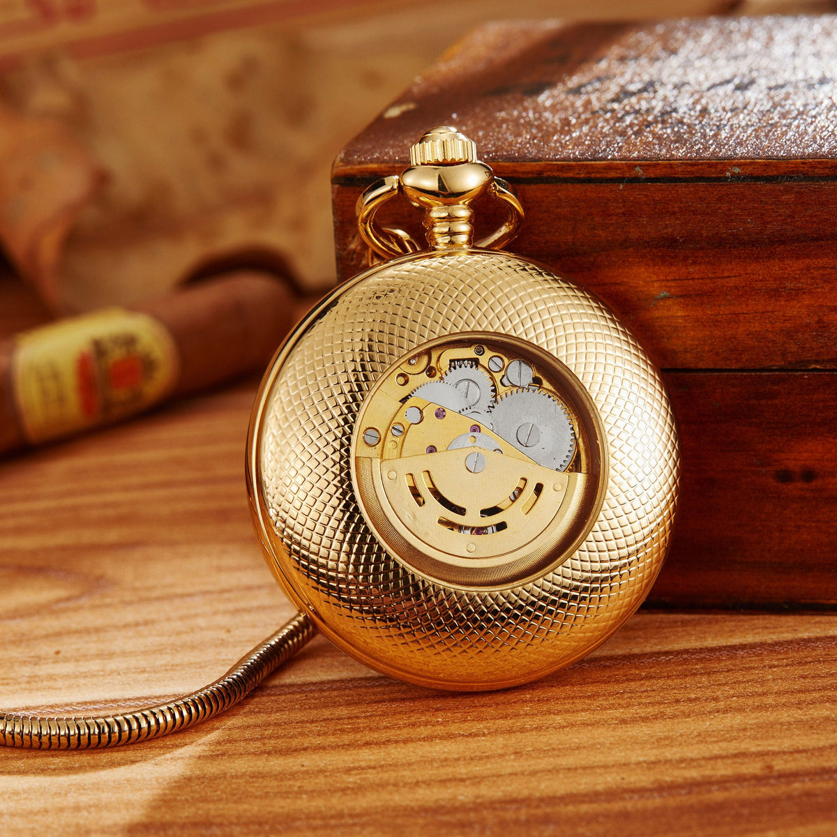 Fully automatic flip-open engraved pocket watch with visible movement details, bronze finish and classic chainդրբեջ