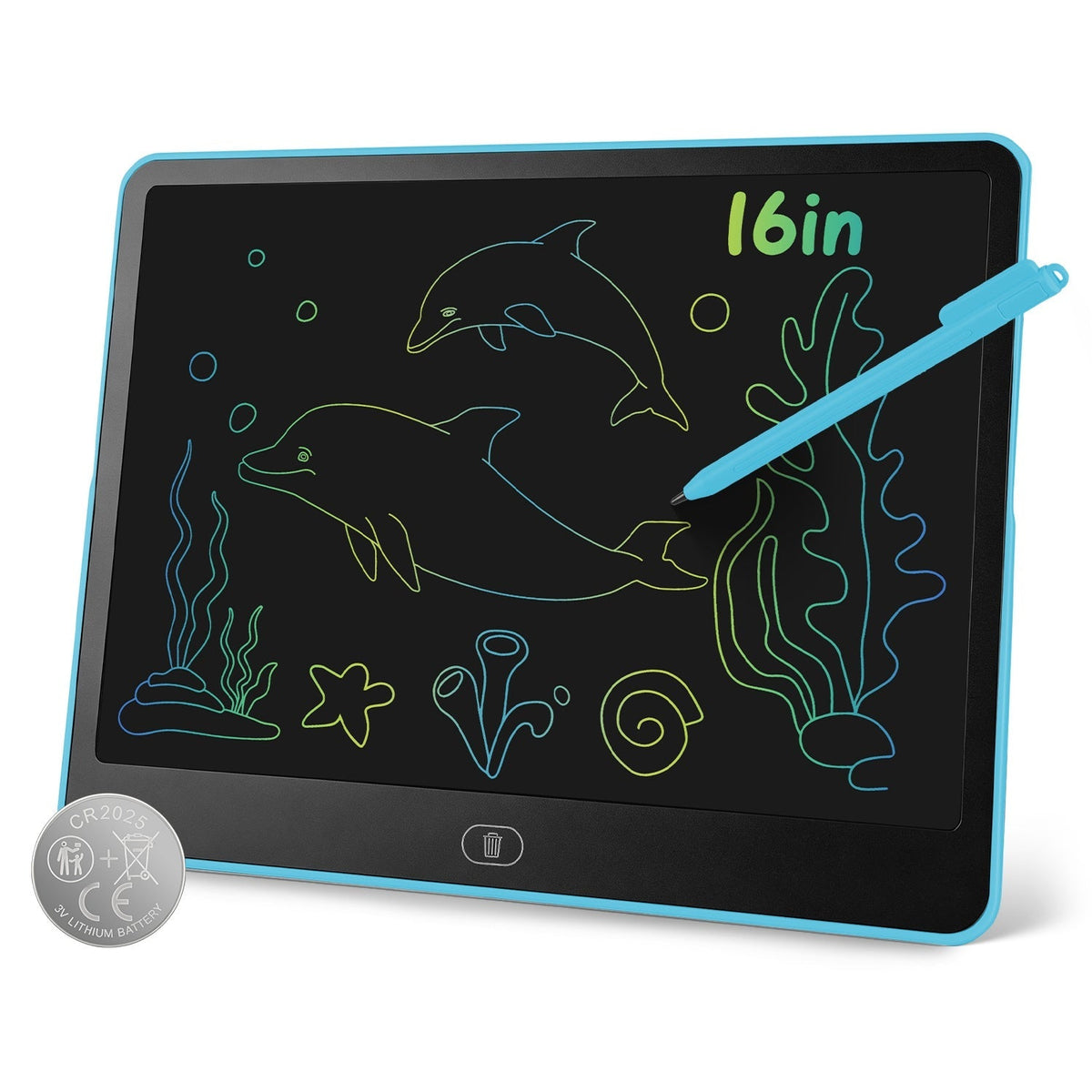 GBruno Store LCD writing tablet for kids with stylus and lock function, showing colorful drawing on the screen.