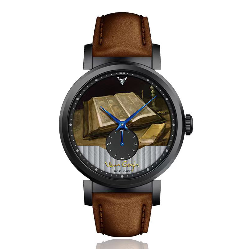 Van Gogh men's quartz wrist watch with 3D printed design, black strap and colorful artwork dial