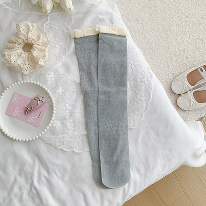 Women's cotton calf-length socks with silver-thread bow detail