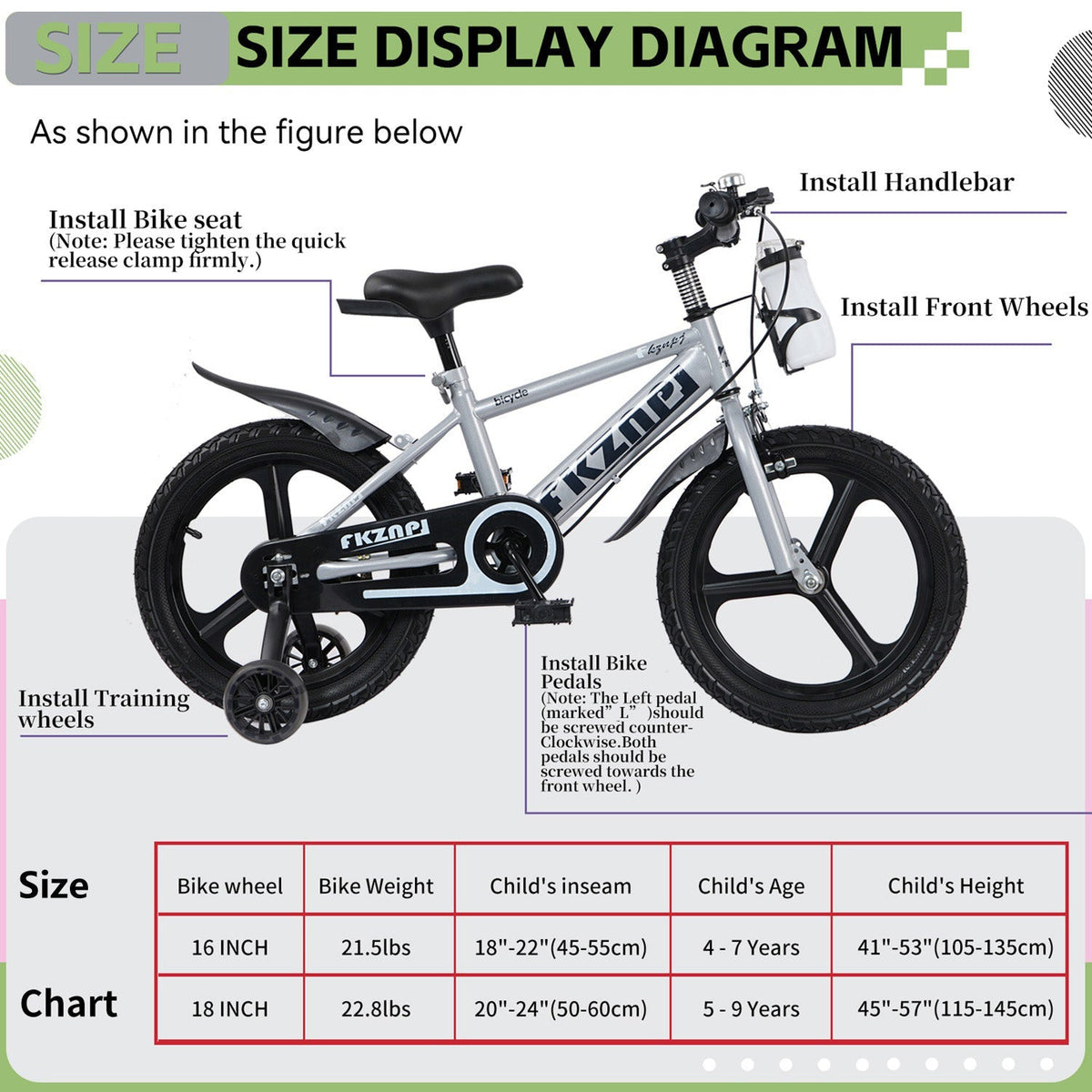 16-inch kids bike with training wheels and adjustable seat, featuring colorful frame and safety features for young children.
