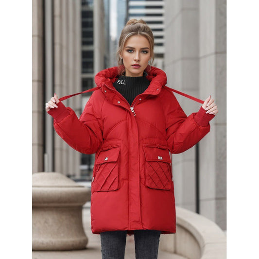 Women's winter warm hooded cotton coat with pockets in solid color, thickened straight jacket outerwear