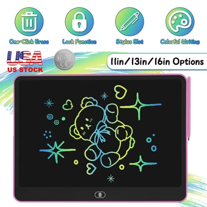 GBruno Store LCD writing tablet for kids with stylus and lock function, showing a colorful digital drawing on the screen.