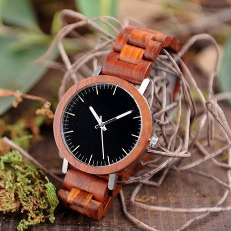 Simple classic wooden analog quartz watch with round dial and natural wood case, My Store brand