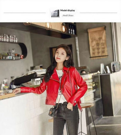 Short slim-fit PU leather jacket in black, front view by My Store