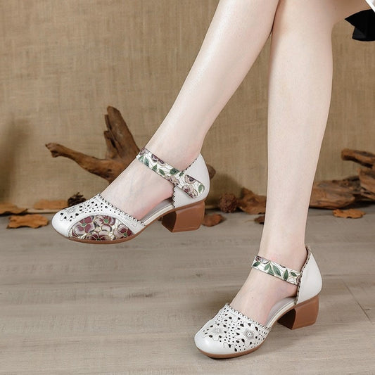 Rome embroidered hollow-out retro casual women’s shoes with detailed stitching and openwork design
