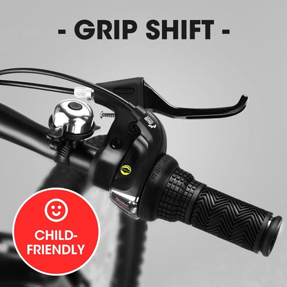 20-inch GBruno Store kids mountain bike with 7-speed gears and front suspension, shown with colorful frame and knobby tires.