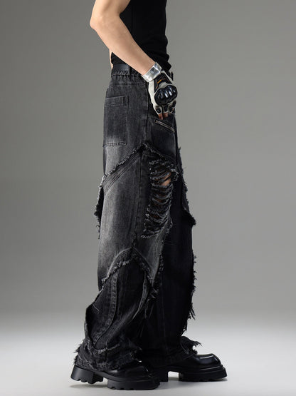 American-style vintage deconstructed distressed jeans with rugged ripped denim details