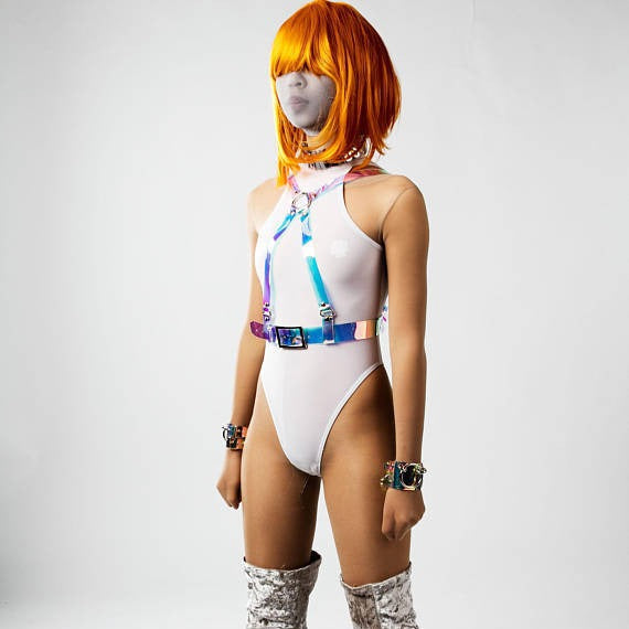Holographic glitter plastic body harness accessory displayed against a plain background
