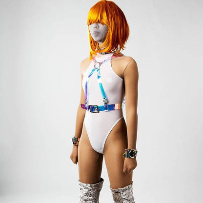 Holographic glitter plastic body harness accessory displayed against a plain background