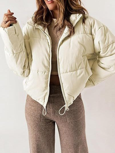 Stand-collar puffer cotton-padded coat for petite figures in a quilted design, front view