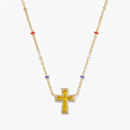 Geometric irregular cross and heart necklace with linked pendant design