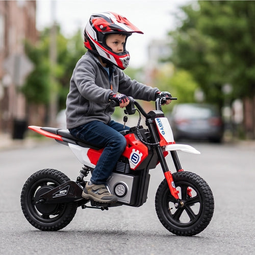Kids riding a 24V electric motocross ride-on motorcycle toy by GBruno Store, designed for children ages 5 to 12.