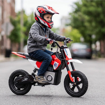 Kids riding a 24V electric motocross ride-on motorcycle toy by GBruno Store, designed for children ages 5 to 12.