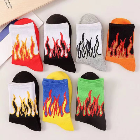 Flame-patterned mid-calf fashion socks with street-style design