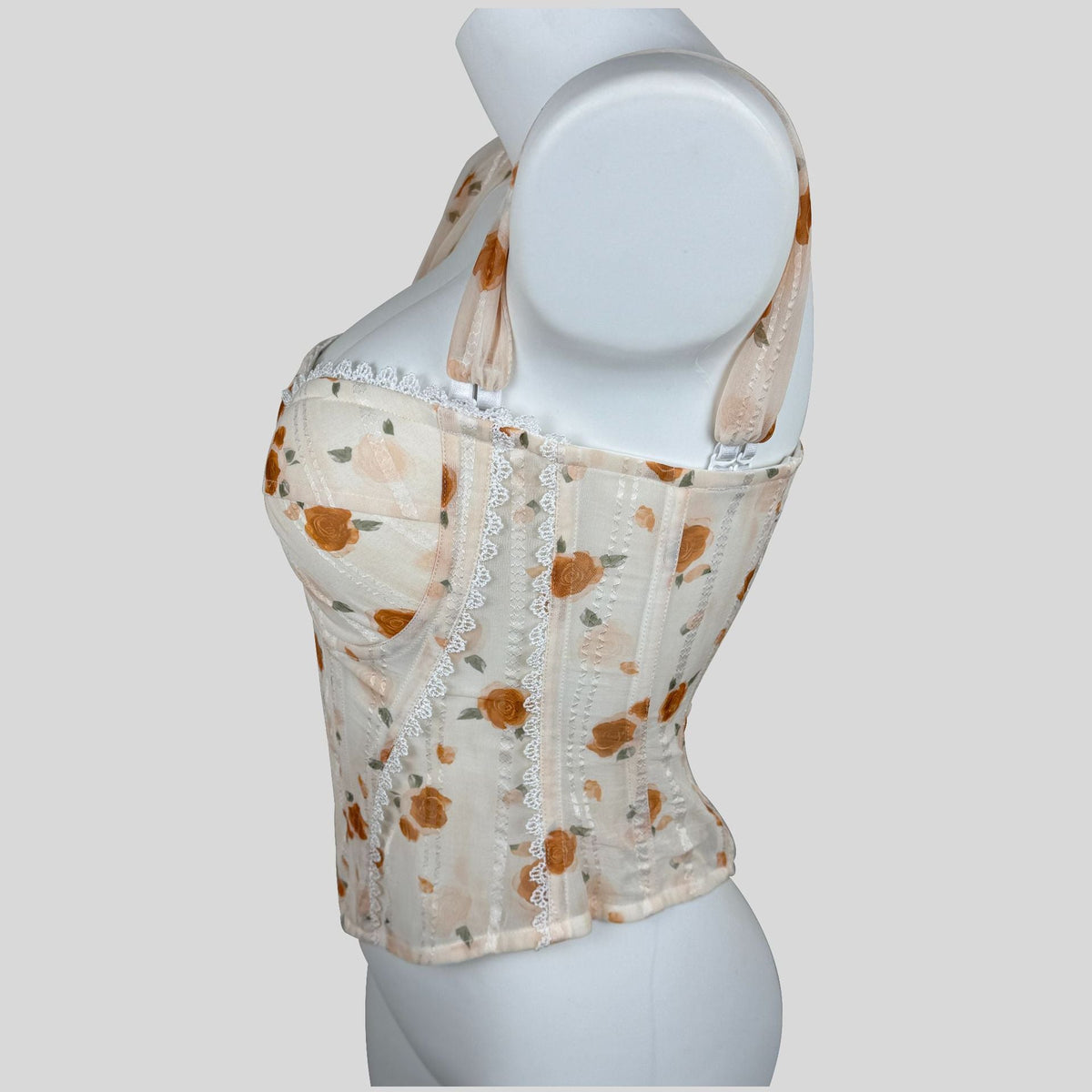 Apricot lace-trimmed underbust corset with slimming fit and spaghetti straps