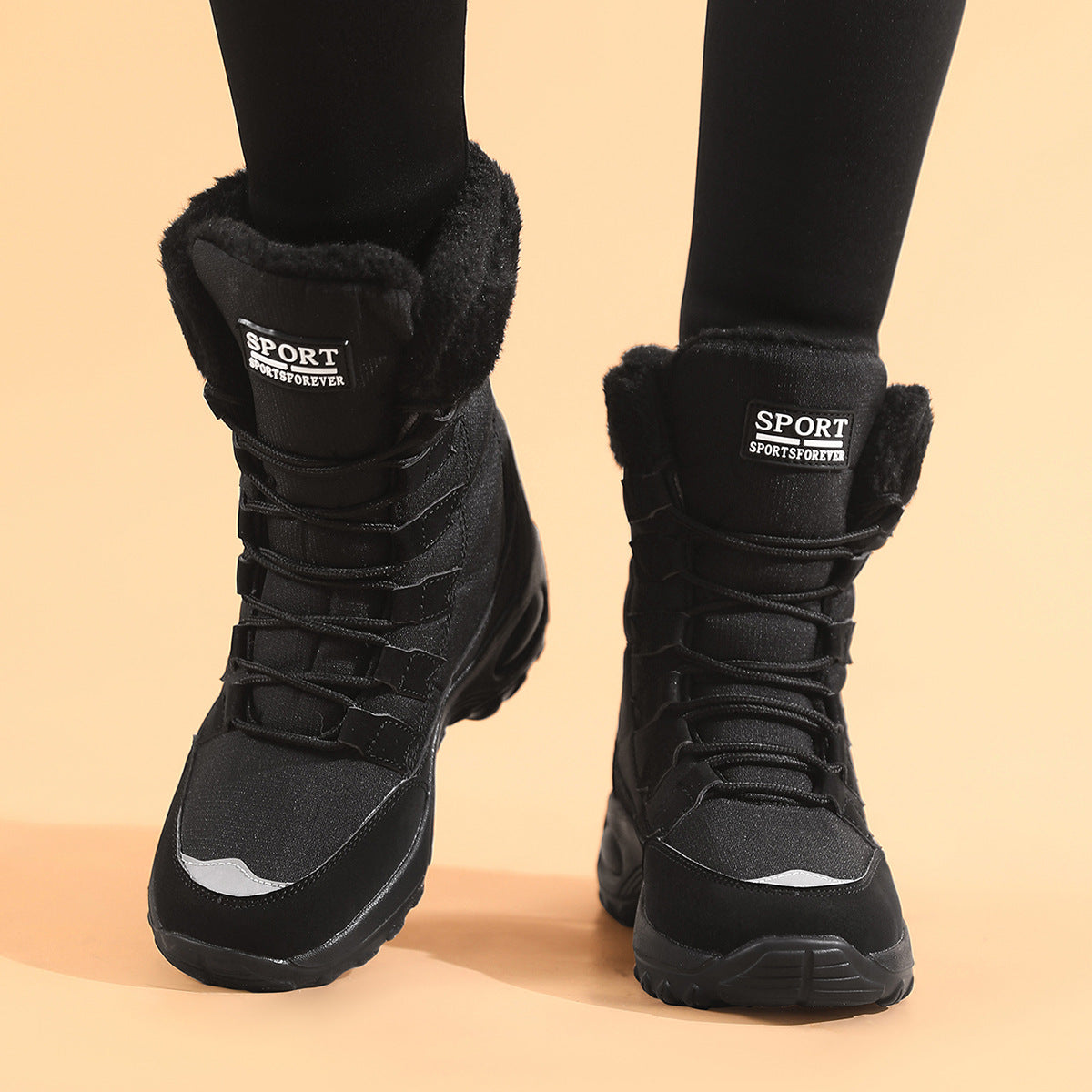 Women's winter fleece-lined warm snow boots in black with rugged outsole and lace-up design