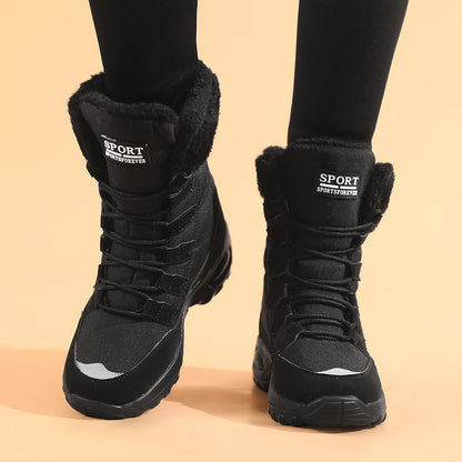 Women's winter fleece-lined warm snow boots in black with rugged outsole and lace-up design