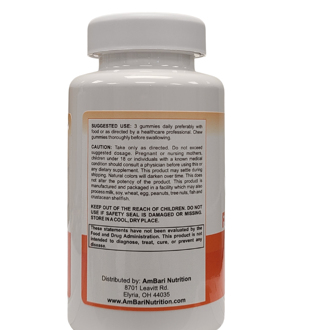 AmBari Nutrition fiber gummies supplement in a bottle, showing colorful chewy gummies on a white background.