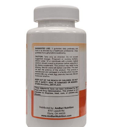 AmBari Nutrition fiber gummies supplement in a bottle, showing colorful chewy gummies on a white background.