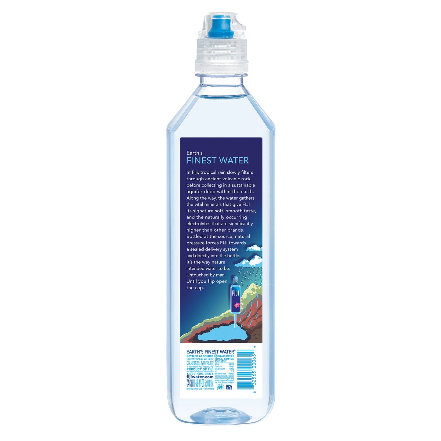 Fiji Natural Artesian Water 23.7 fl oz bottles, 12-pack, clear bottles with blue caps and Fiji label, showing the water inside.