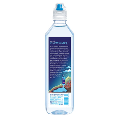 Fiji Natural Artesian Water 23.7 fl oz bottles, 12-pack, clear bottles with blue caps and Fiji label, showing the water inside.