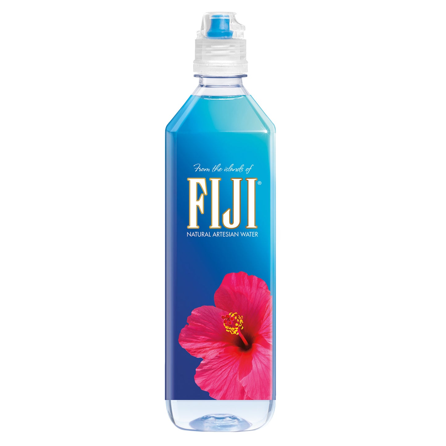 Fiji Natural Artesian Water 23.7 fl oz bottles, 12-pack, with clear labels and blue caps, arranged in a group.