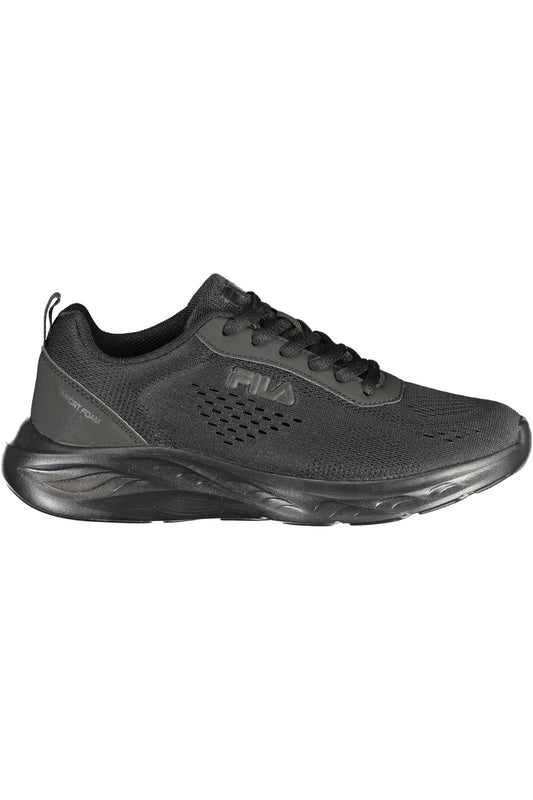 FILA women's black sneakers with sporty design, breathable fabric, and rubber sole, ideal for athletic and casual wear.