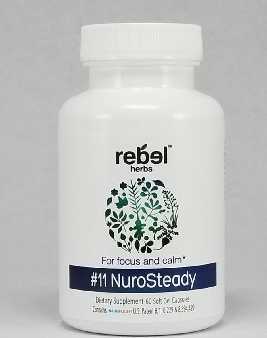 Organic NuroSteady capsules by Rebel Herbs in encapsulated formula, shown in clear view on a white background.