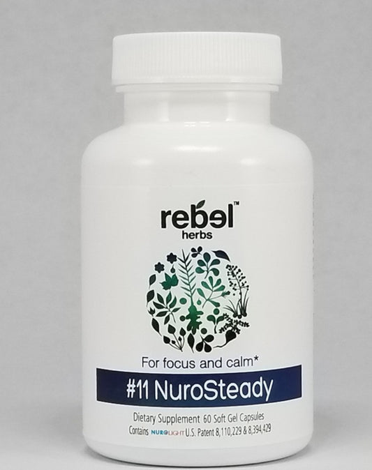 Organic NuroSteady capsules by Rebel Herbs in encapsulated formula, shown in clear view on a white background.