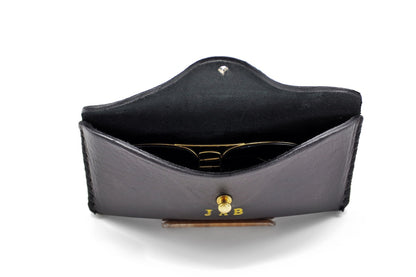 Bueno Leather Co. BLCO® handmade sunglasses case in brown leather with stitching detail, designed to protect sunglasses.