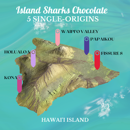 ISLAND SHARKS CHOCOLATE Kuleana Rum 71% Hawaiian Cacao dark chocolate with vanilla bean, showcasing cacao beans and chocolate bar.