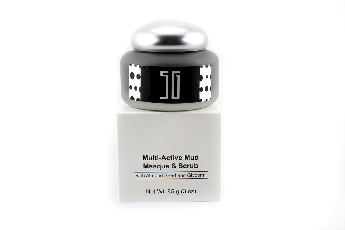 BACKUPMYFILESNOW® Multi-Active Mud Masque & Scrub in a jar, with creamy textured face mask and exfoliating scrub particles visible.