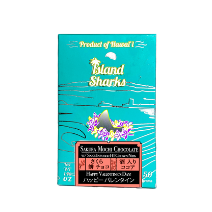 Sakura Mochi Chocolate by ISLAND SHARKS CHOCOLATE featuring sake-infused Hawaiian cacao nibs, bean-to-bar chocolate and cacao tea.