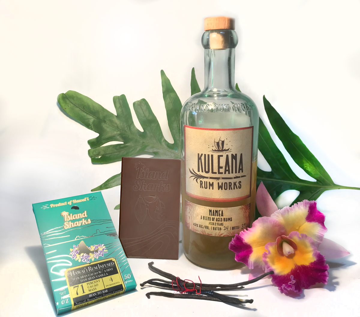 Island Sharks Chocolate Kuleana Rum 71% Hawaiian Cacao dark chocolate bar with Hawaiian vanilla, bean to bar cacao and tea.