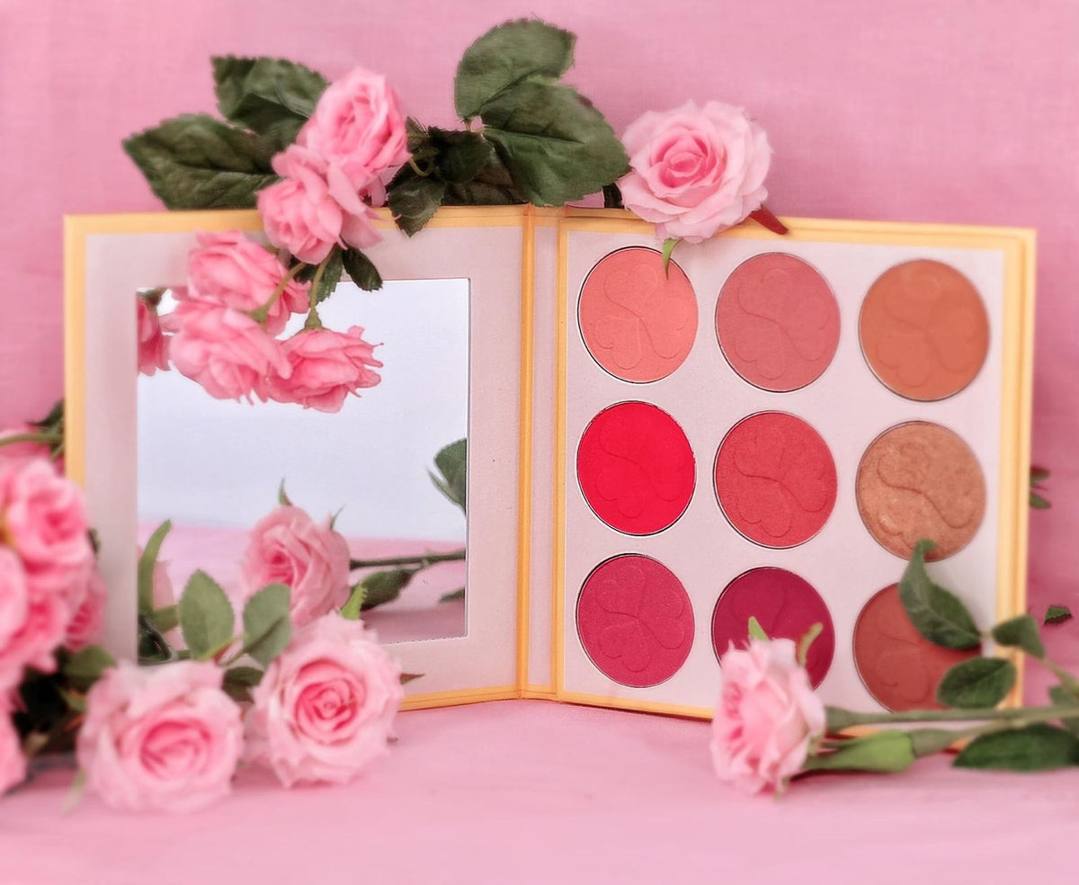 BACKUPMYFILESNOW® Sakura Blush Palette with multiple shades of pink and peach blushes arranged in a sleek compact.