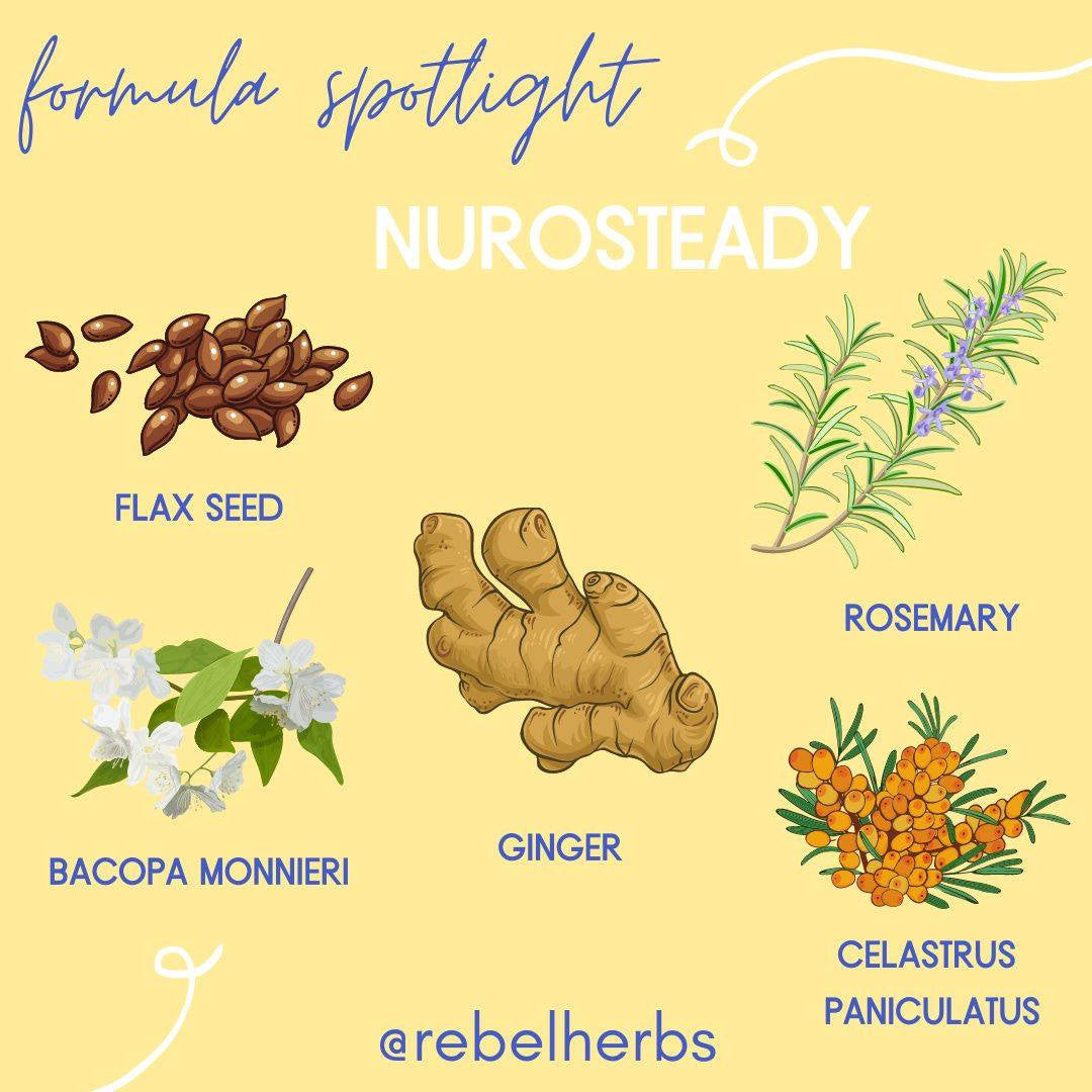 Organic NuroSteady capsules by BACKUPMYFILESNOW® in clear bottles, showing 60 capsules of herbal supplement for nerve support.